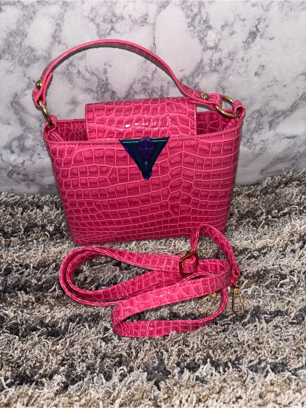 Hot Pink Croc-Embossed Women’s Handbag with Detachable Strap